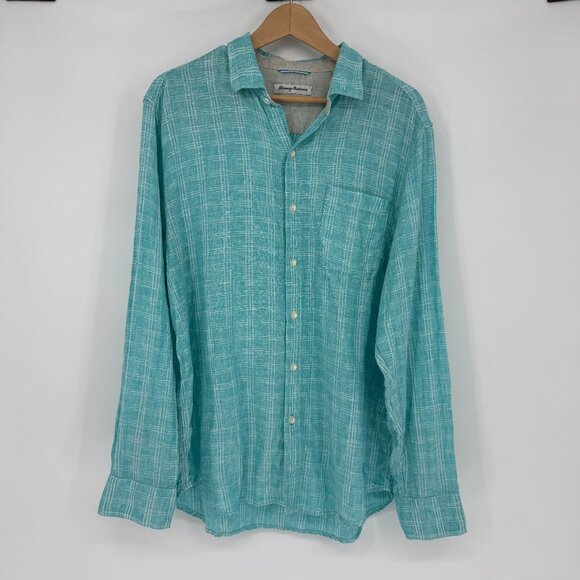 Tommy Bahama Mens‎ Shirt L Large Turquoise Linen Plaid Button Down Beach Spring - Picture 1 of 11